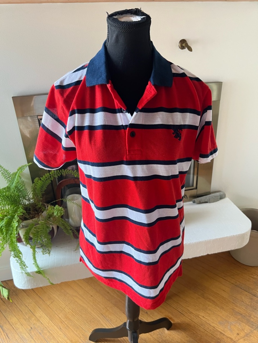 Men's Red Striped Polo with Navy Contrast Collar